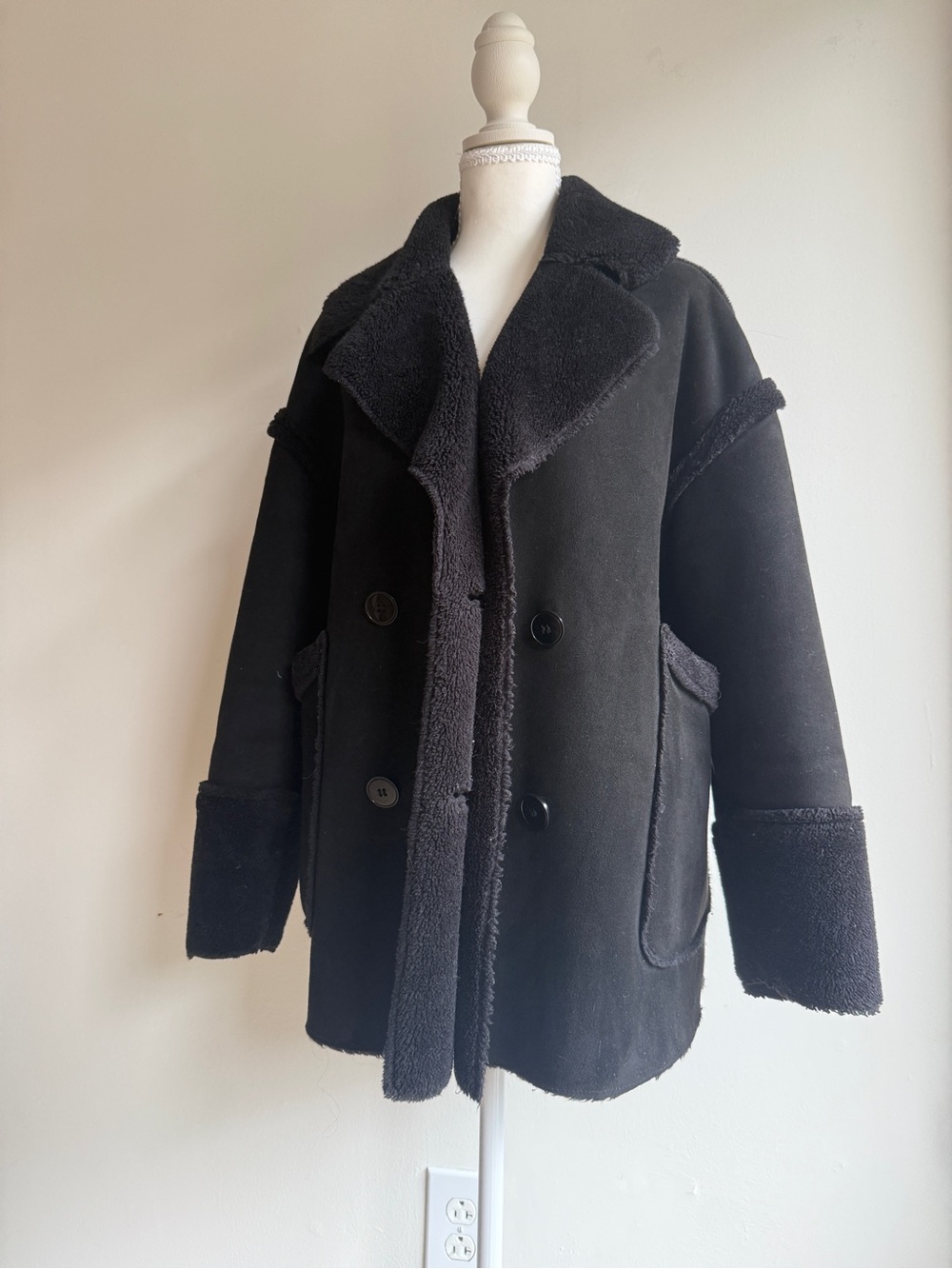 Black Faux Shearling Coat - Classic Double-Breasted Jacket